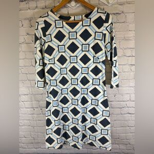 Mahi Gold Cream Navy Light Blue Geo Print Beach Vacation Casual Mini Dress M